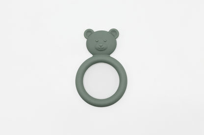 Green teddy bear teether with bear face top and circular teething ring