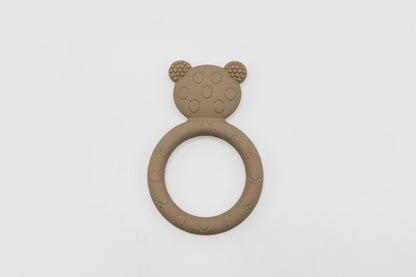 Latte tan teddy bear teether with embossed bear face and circular ring