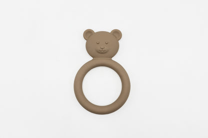 Taupe brown teddy bear teether with bear face and circular teething ring