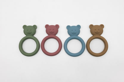 Assorted teddy bear teether set with four colored circular rings and bear heads