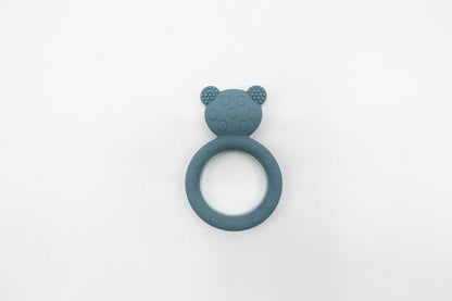 Dusty blue teddy bear teether with bear head and circular teething ring
