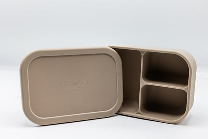 Latte beige bento box with two compartments and an open lid