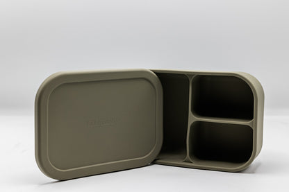 Olive green bento box with two compartments and an open lid