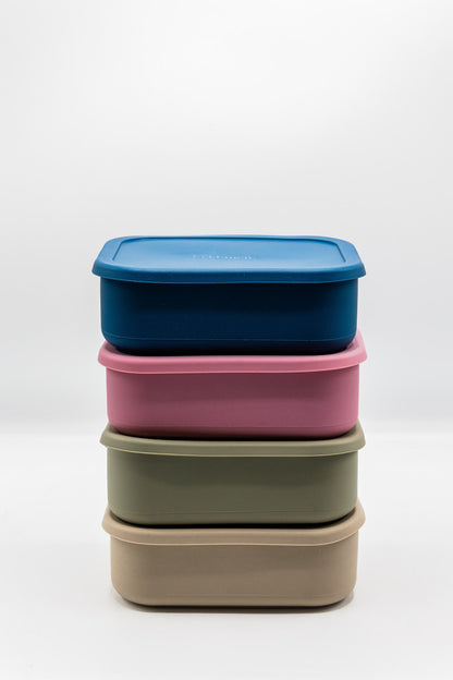 Stacked bento boxes in blue, pink, olive and latte with a matching snap lid