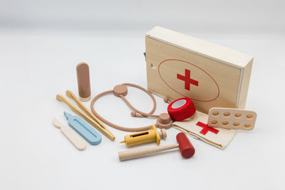 Wooden doctor play medical kit with stethoscope, thermometer, syringe, and case