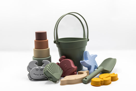 Colorful toy bucket with animal molds and stacked silicone cups, green