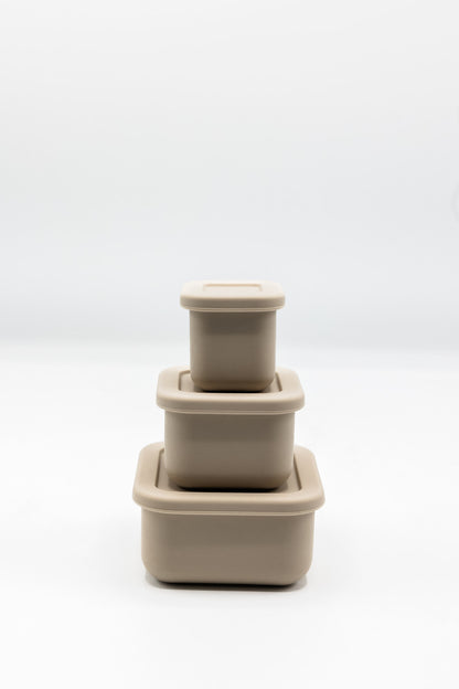 Stacked silicone snack boxes with lids, latte beige color
