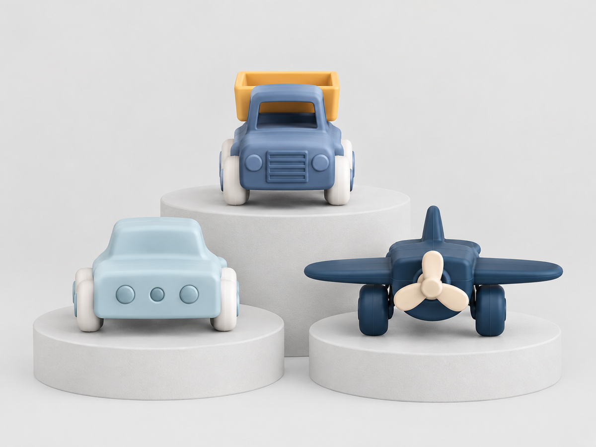 Three small toy vehicle: a blue pickup truck with a yellow traytop, a pale blue car, and a dark blue airplane with cream propeller.