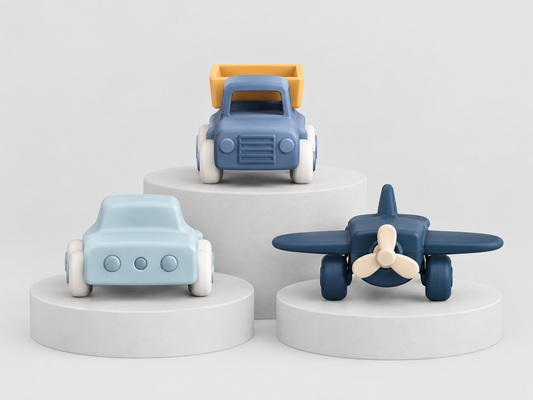 Three small toy vehicle: a blue pickup truck with a yellow traytop, a pale blue car, and a dark blue airplane with cream propeller.