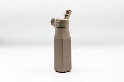 Beige water bottle with flip-top spout and carry handle