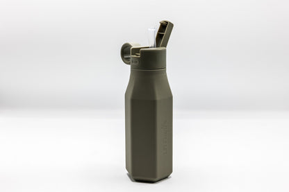 Olive green water bottle with flip-top spout and carry handle