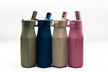 Olive water bottle with hinged carry handle and flip-top spout