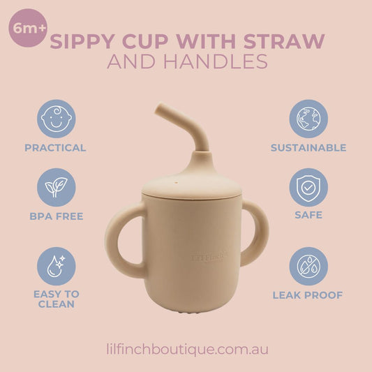 Latte sippy cup with straw and two side handles, rounded lid and drinking spout
