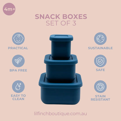 Set of 3 navy blue snack boxes with hinged lids, stacked in three sizes