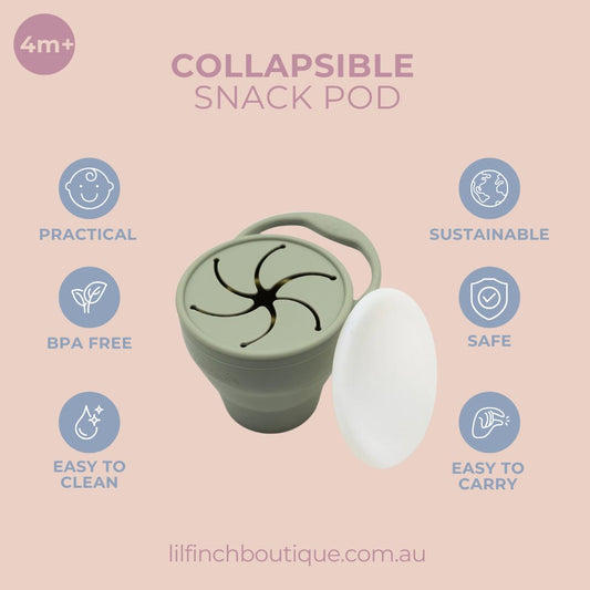 Collapsible snack pod product card with sage pod and open lid illustration.