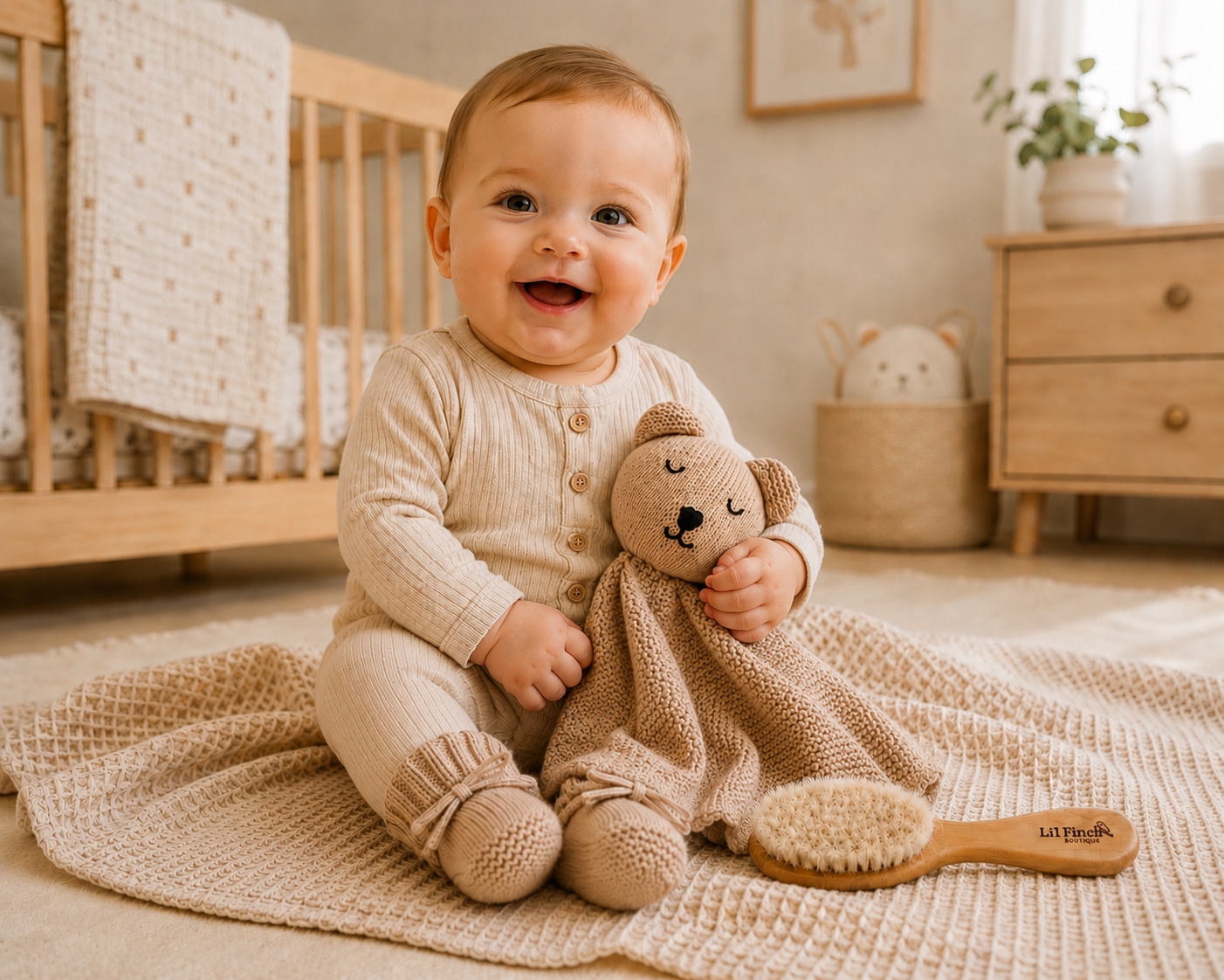 Baby holding a teddy bear in a nursery setting