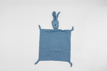 Dusty blue snuggle bunny comforter with stitched bunny head and corner ties
