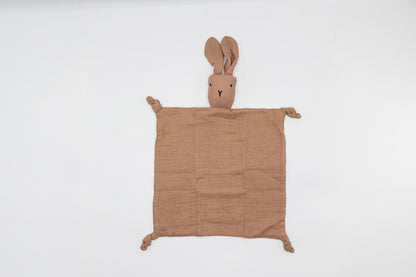 Dusty brown snuggle bunny comforter with stitched bunny head and corner ties