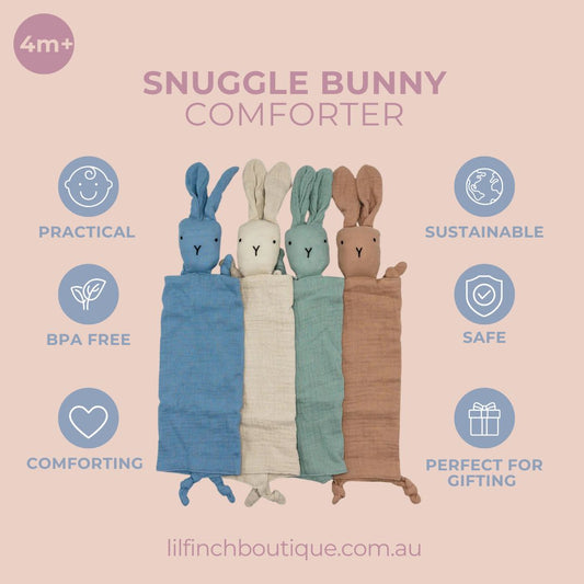 Snuggle bunny comforter shown in multiple colors with a stitched bunny-head design