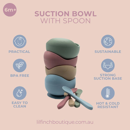 Suction bowl set with spoon, illustrated stack in multiple colors