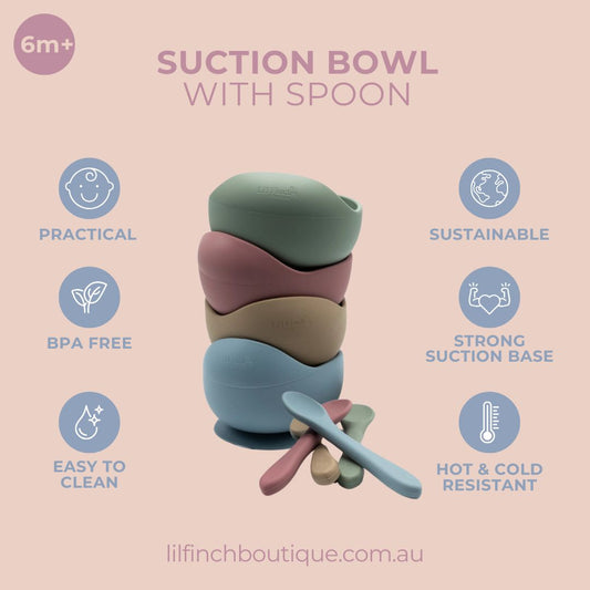 Suction bowl set with spoon, illustrated stack in multiple colors