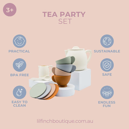 Tea party set featuring teapot, cups, and bowls in pastel colors