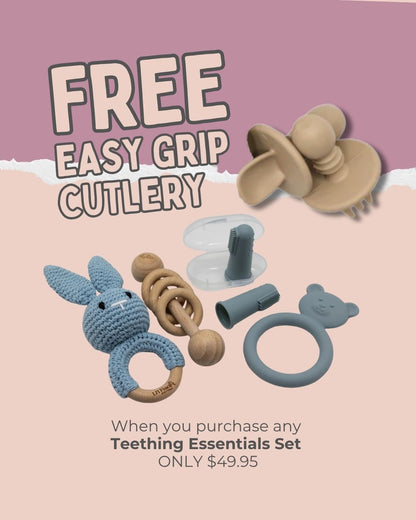 Teething cutlery set with easy-grip spoon, fork, and ring teether pieces