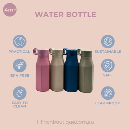 Set of four water bottles in pink, beige, navy blue, and olive