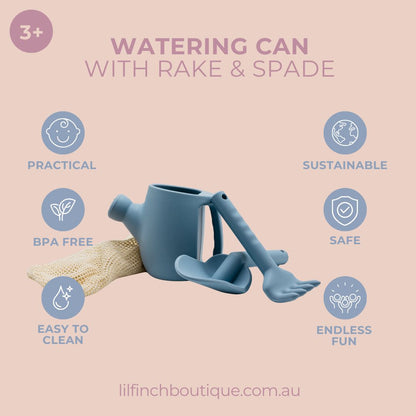 Retail package for a toy watering can with rake and spade